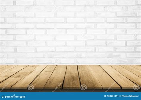 Empty Wooden Table Top on White Brick Wall Background, Design Wood ...