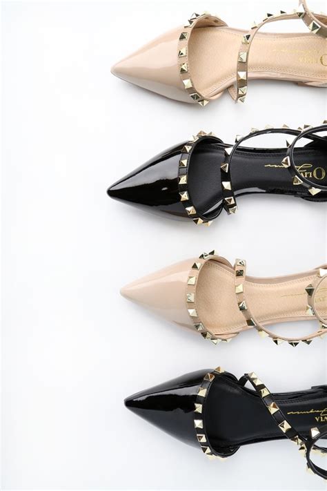 Chic Black Patent Flats - Studded Flats - Pointed Toe Flats