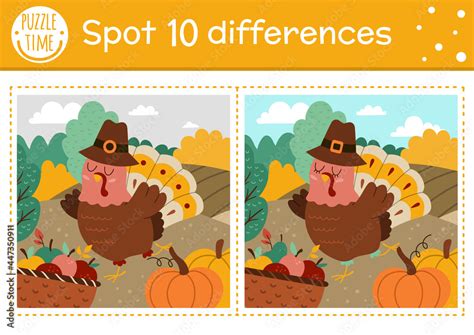 Find differences game for children. Thanksgiving educational activity with funny turkey, apple ...