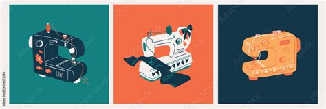 Vector set of three sewing machines. Cartoon elements for the design of ...