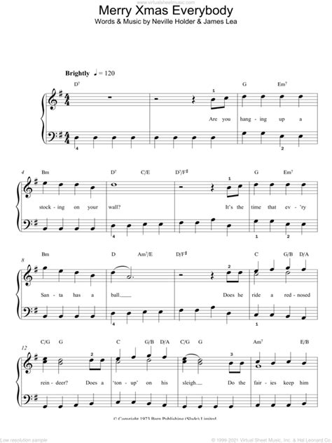 Slade - Merry Xmas Everybody, (easy) sheet music for piano solo