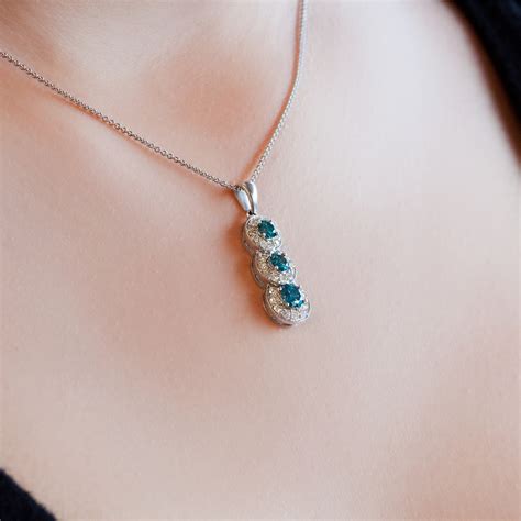 Aqua Blue Diamond Necklace - 3 Stone Blue Diamond Pendant