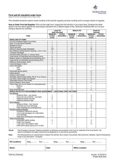 First Aid Kit Checklist Template