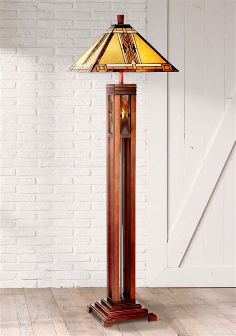 Robert Louis Tiffany Mission Floor Lamp with Nightlight Walnut Wood Column Stained Glass Shade ...