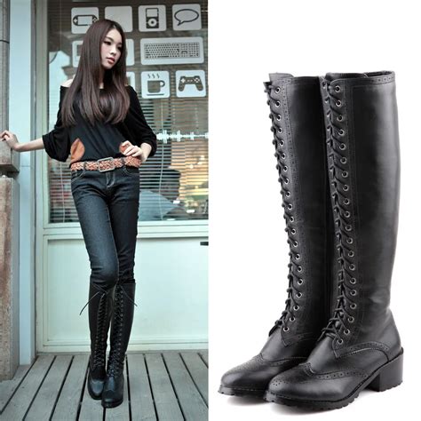 New 2014 Fashion British Style Lace Up Flat Knee High Boots For Women ...