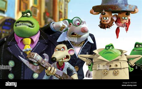 FLUSHED AWAY, Le Frog (voice: Jean Reno), Spike (bottom, voice: Andy Serkis) Whitey (top, voice ...