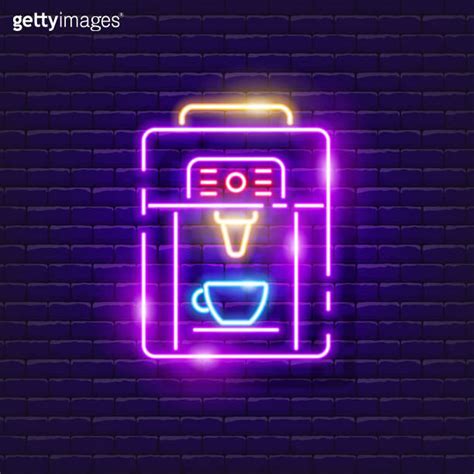 Coffee machine neon sign. Coffee making equipment glowing icon. Vector illustration for design ...