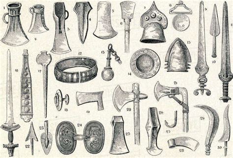 Bronze Age weapons, tools and relics. From Enciclopedia Ilustrada Segui, published c. 1900 ...