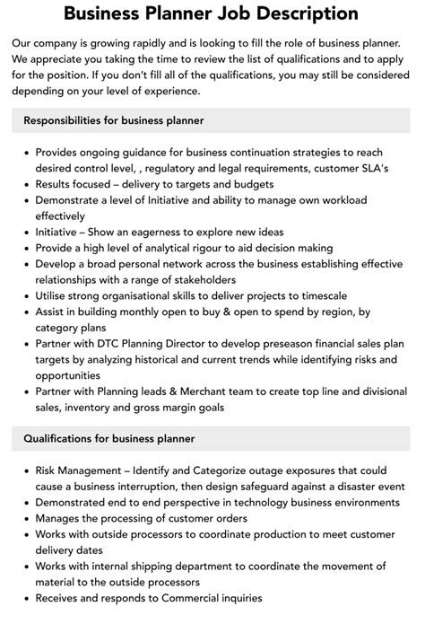 Business Planner Job Description | Velvet Jobs