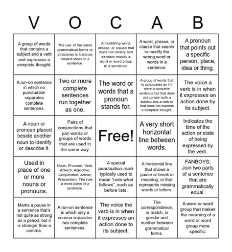 October: Grammar Terms Bingo Card