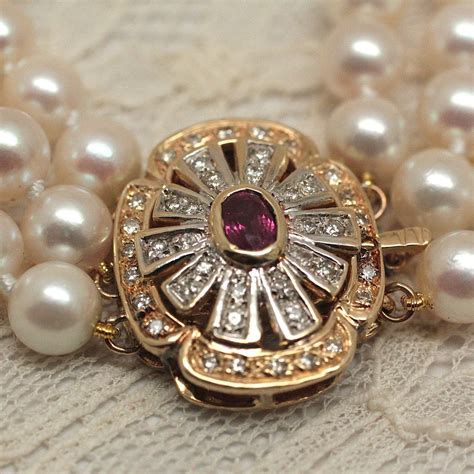 Circa 1950 3-Strand Pearl Necklace with Rubies and Diamonds – Pippin Vintage Jewelry