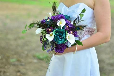 Peacock Bridal Bouquet - Teal Roses Bouquet - Peacock Wedding - Purple And Teal Flowers ...