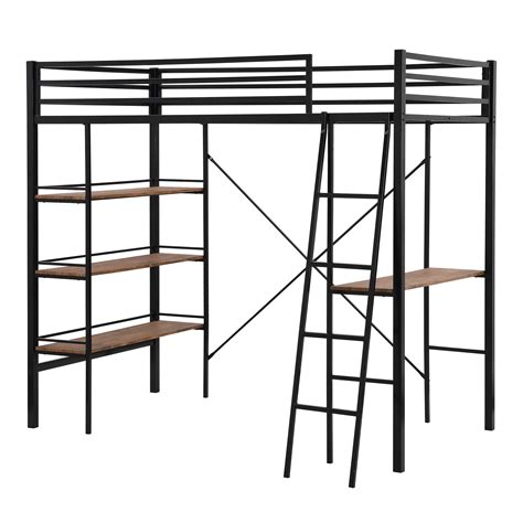 Buy Twin Size Metal Loft Bed with L-Shaped Desk and Shelf for Teens,Loft Bed with Full-Length ...