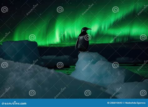 Alone Penguin and the Southern Lights in Antarctica, Aurora Australis ...