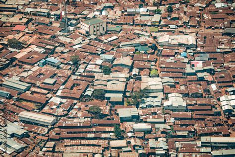 Aerial view of corrugated iron huts at the Nairobi downtown Kibera slum ...