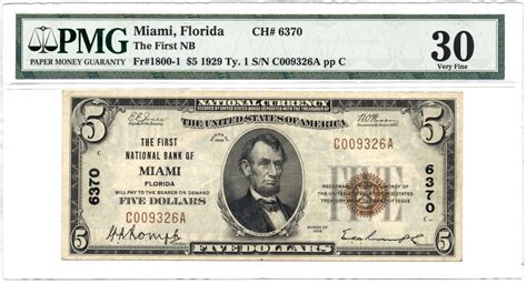 $5 National Bank Note from The First National Bank of Miami, Florida (x ...