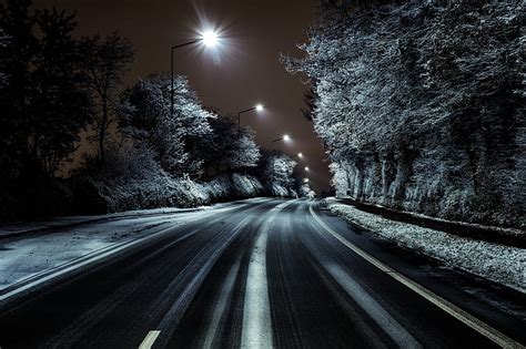 HD wallpaper: dark, night, lights, road, winter, trees | Wallpaper Flare