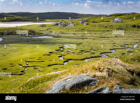 aerial view with an meander river on bay of Uig, isle of lewis, outer Hebrides, Scotland Stock ...