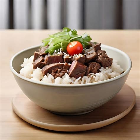 Premium AI Image | cubed shaken beef rice with white sesame on top and chopped AI