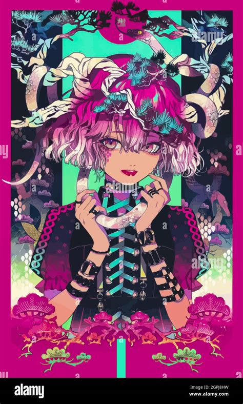 colorful anime girl with pink hair and snakes on her head Stock Vector Image & Art - Alamy