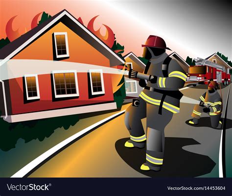 Firefighters try to extinguish burning houses Vector Image