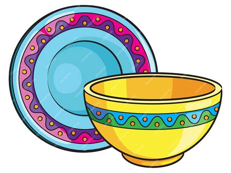 Premium Vector | Colorful bowl and plate cartoon