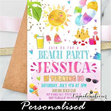 Beach Birthday Invitations, Girl Summer Party - Cupcakemakeover