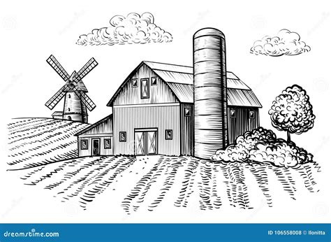 Rural Landscape, Farm Barn and Windmill Sketch Stock Vector ...