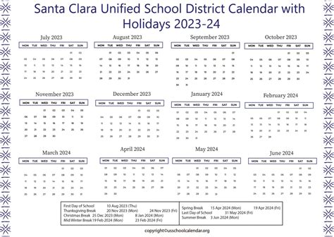 Santa Clara Unified School District Calendar with Holidays 2023-24