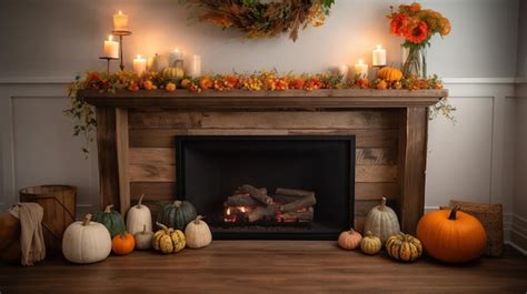 Premium AI Image | a cozy fireplace with autumn decorations such as ...