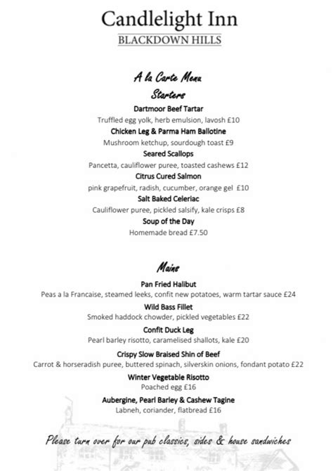 Candlelight Inn Bishopswood's full menu online