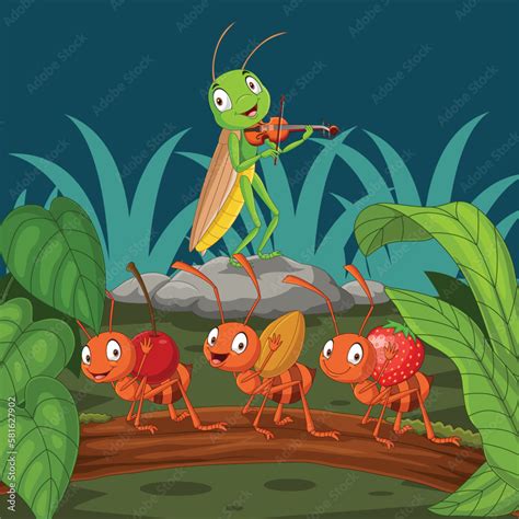 Cartoon ant and grasshopper in the garden Stock Vector | Adobe Stock