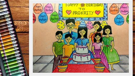 How to draw a scenery of birthday party step by step - YouTube