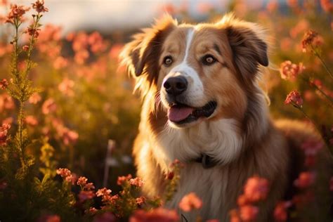 Premium AI Image | beautiful dog with flowers outdoor