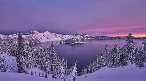Crater lake, Oregon, sunset, sky, snow, winter, clouds, HD wallpaper | Peakpx