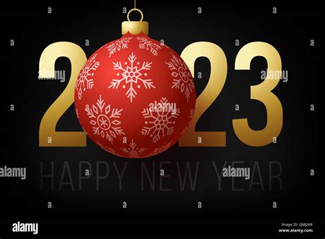 2023 Happy New Year. Luxury greeting card with a white and gold christmas tree ball on the royal ...