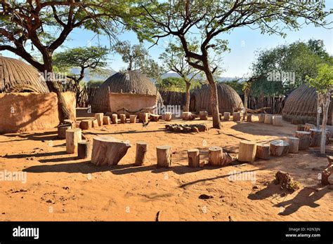 Traditional Zulu village setting used for performances in the Shakaland Cultural Village ...