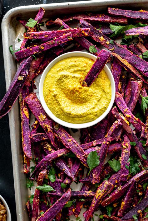 Oil-Free Purple Sweet Potato Fries with Walnut Turmeric Aioli