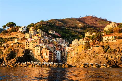 Beautiful Summer Sunset At Riomaggiore Fishing Village From Cinque Terre Stock Photo - Image of ...