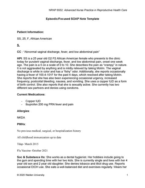 Wk5 soap - soap note about STIs. Includes differential diagnosis. - Episodic/Focused SOAP Note ...