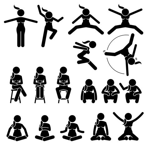 Basic Woman Jump and Sit Actions and Positions. Artworks depict a female human jumping and ...