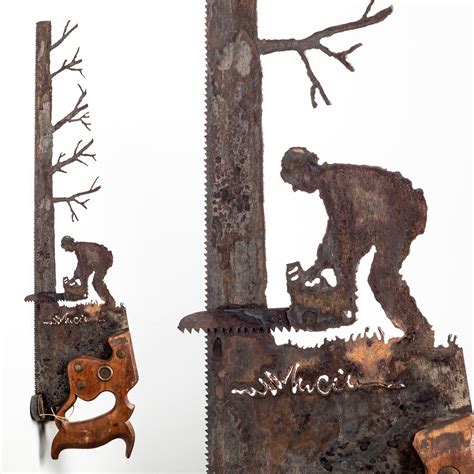 Logger Cutting Down Tree- Hand Cut Plasma Metal Art Hand Saw- Rustic ...