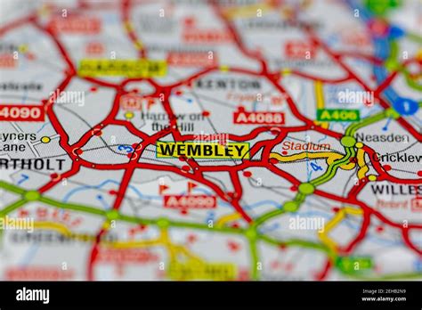 Wembley and surrounding areas shown on a road map or Geography map ...