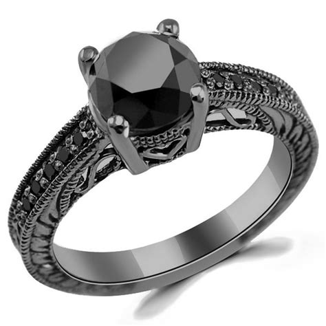 2.45 Carat Black Diamond Vintage Engagement Ring 14k Black Gold