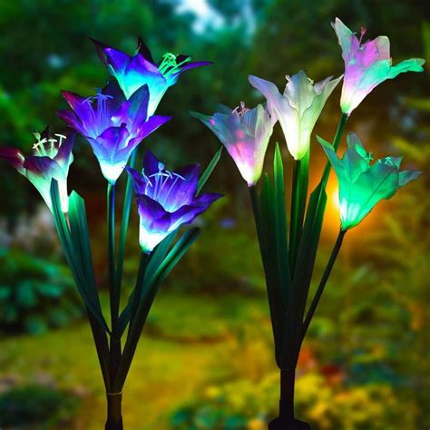 Outdoor Solar Garden Stake Lights - 2 Pack Solite Solar Powered Lights with 8 Lily Flower, Multi ...