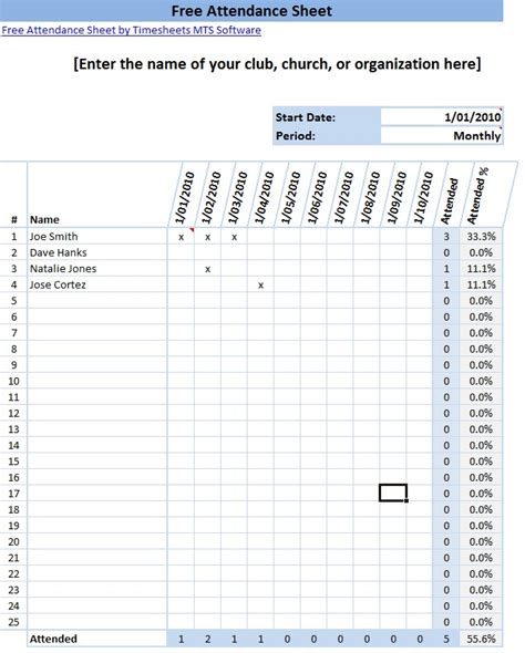 Printable Attendance Sheet Format in Excel - Time Clock MTS