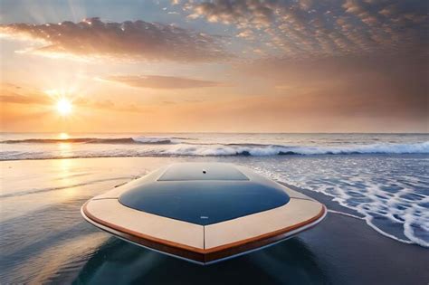 Premium AI Image | A boat on the beach at sunset