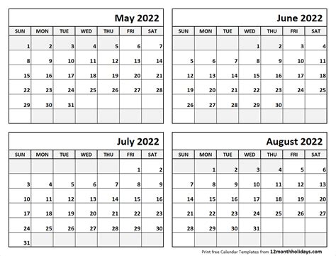 Print May to August 2022 Calendar Template | 4 Month Calendar