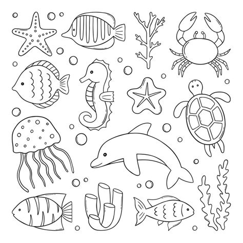 Hand drawn set of Fish and wild marine animals doodle. Sea life. Turtle ...