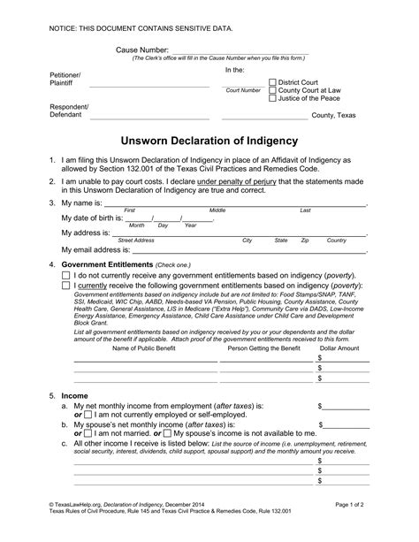 Unsworn Declaration Indigency PDF Form - FormsPal